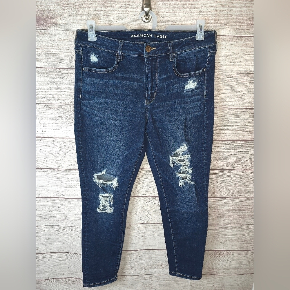 American Eagle Outfitters Dark Wash Ripped Jeggings Size 14 Short
